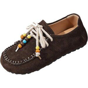Women's Beaded Round Toe Slip On Flats Walking Dark Brown Flats Slipper Shoes